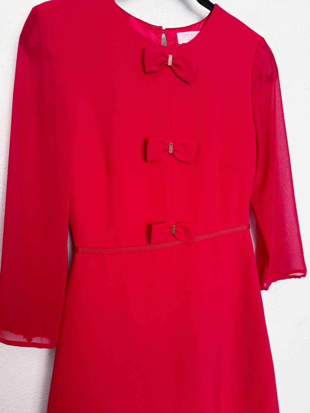 Ted Baker Red Bow Detail Fit Flare Mini Dress Pleated Back 3/4 Sleeve